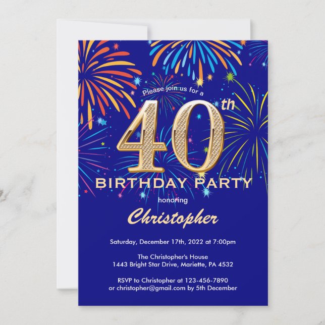 40th Birthday Navy Blue and Gold Rainbow Fireworks Invitation (Front)