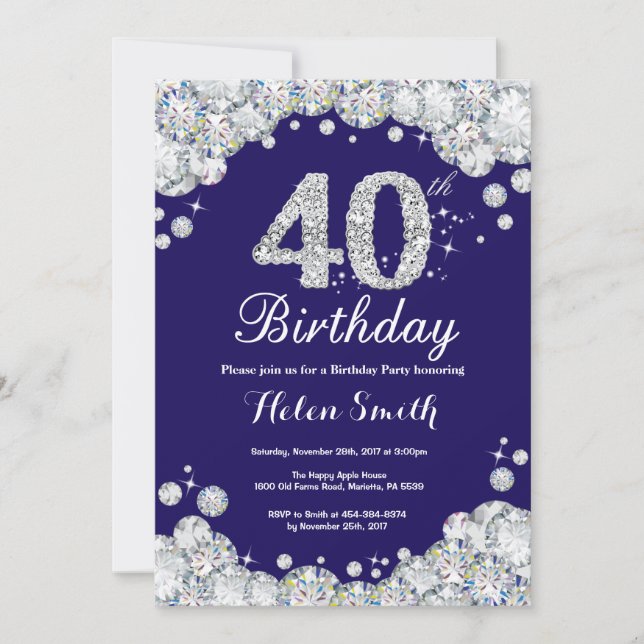 40th Birthday Navy Blue and Silver Diamond Invitation (Front)