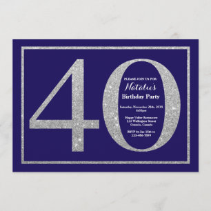 40th Birthday Navy Blue and Silver Glitter Invitation