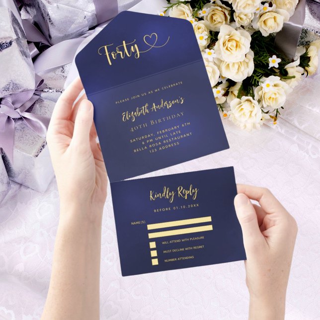 40th Birthday navy blue gold rsvp All In One Invitation (Creator Uploaded)