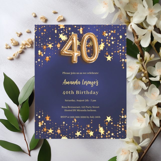 40th birthday navy blue gold stars invitation (Creator Uploaded)