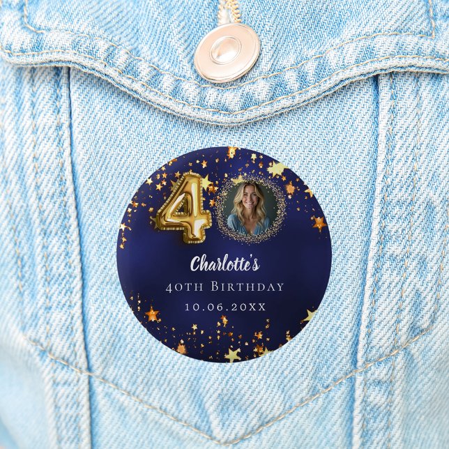 40th birthday navy blue gold stars photo 6 cm round badge (Creator Uploaded)
