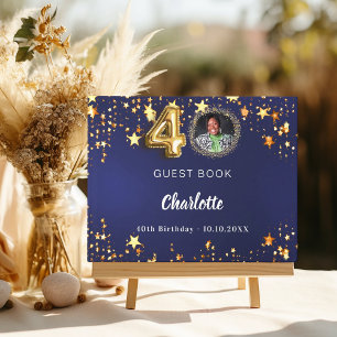 40th Birthday navy blue gold stars photo Guest Book