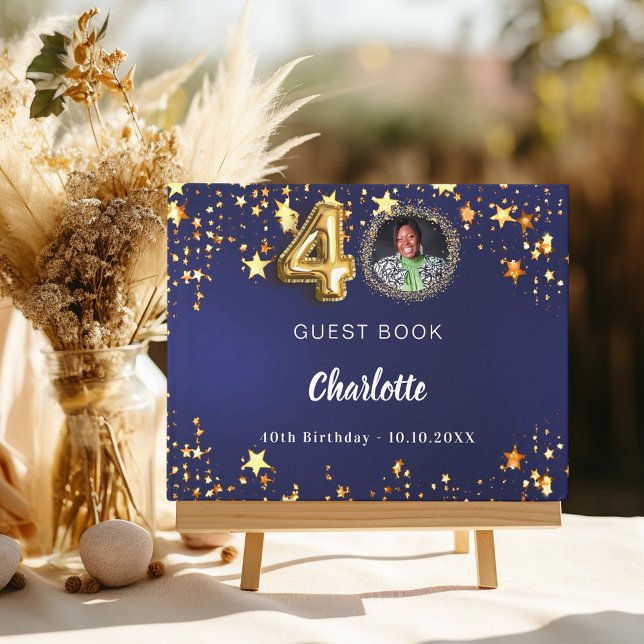 40th Birthday navy blue gold stars photo Guest Book (Creator Uploaded)