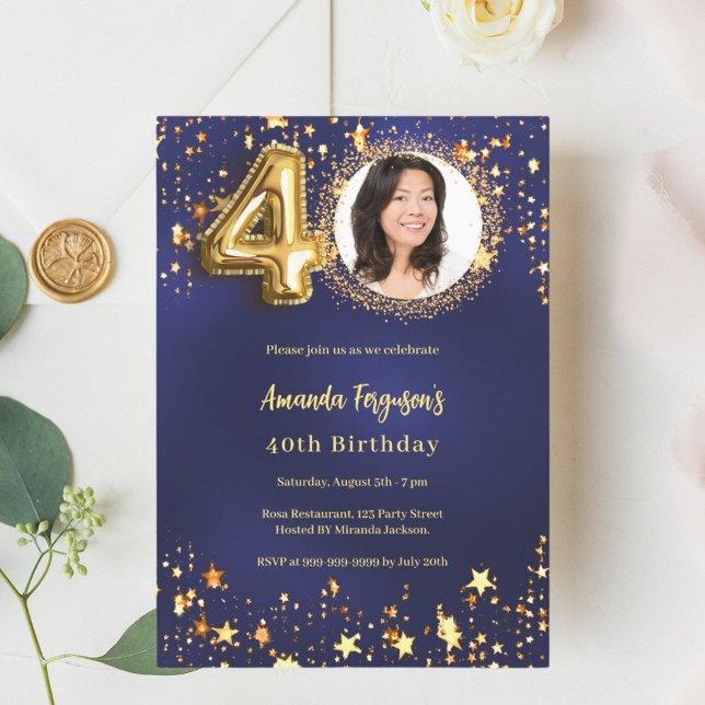 40th birthday navy blue gold stars photo luxury invitation (Creator Uploaded)