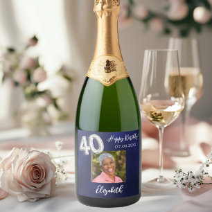 40th Birthday navy blue photo Sparkling Wine Label