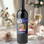 40th Birthday navy blue photo Wine Label<br><div class="desc">A navy blue background. Personalise and add a date,  name and a photo.  Age number written with a faux silver looking balloon style font.</div>