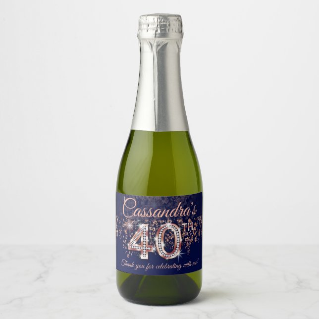 40th Birthday Navy Blue Rose Gold Glitter Cascade Sparkling Wine Label (Front)