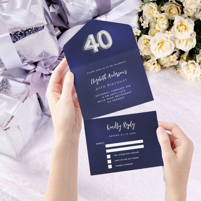 40th Birthday navy blue silver rsvp All In One Invitation (Creator Uploaded)