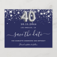 40th birthday navy blue silver save date Card