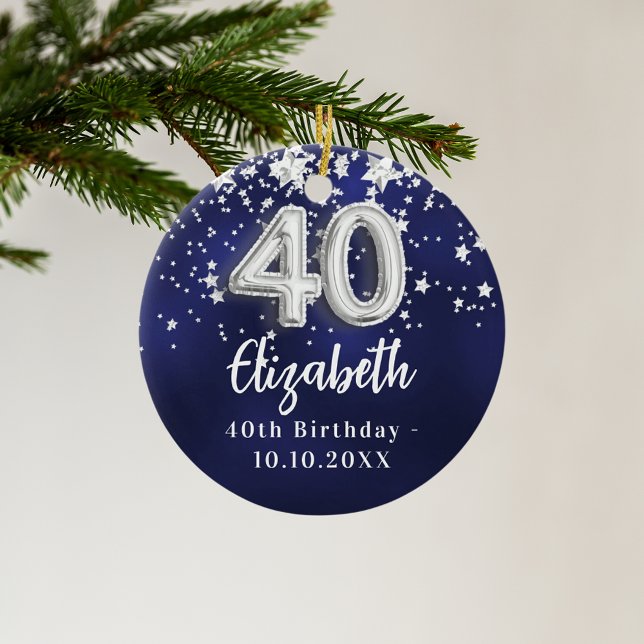 40th birthday navy blue silver stars ceramic tree decoration (Creator Uploaded)