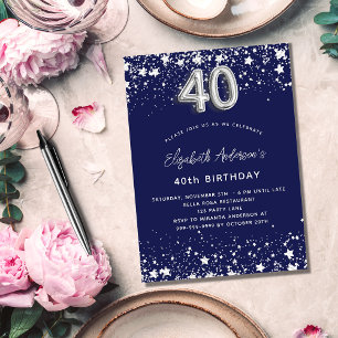 40th birthday navy blue silver stars glamourous invitation postcard