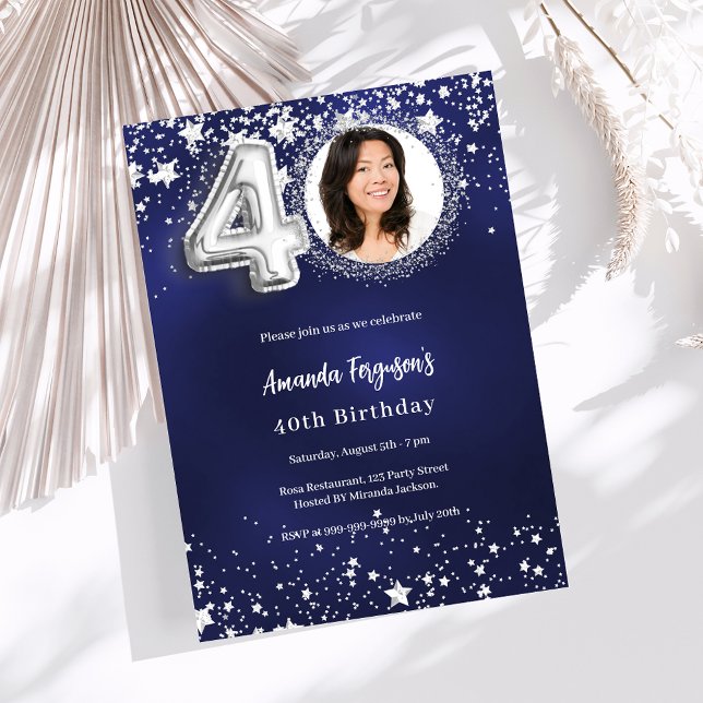 40th birthday navy blue silver stars photo invitation (Creator Uploaded)