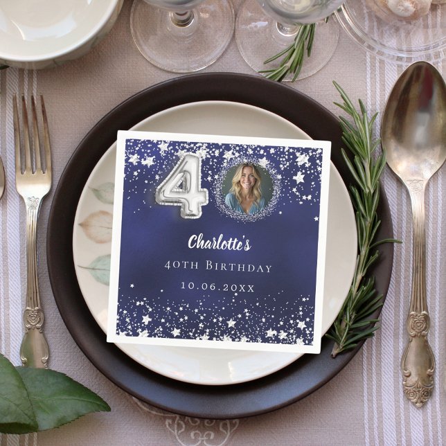 40th birthday navy blue silver stars photo napkin (Creator Uploaded)