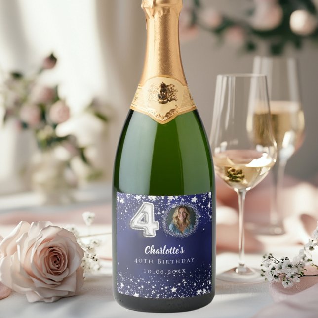 40th birthday navy blue silver stars photo sparkling wine label (Creator Uploaded)
