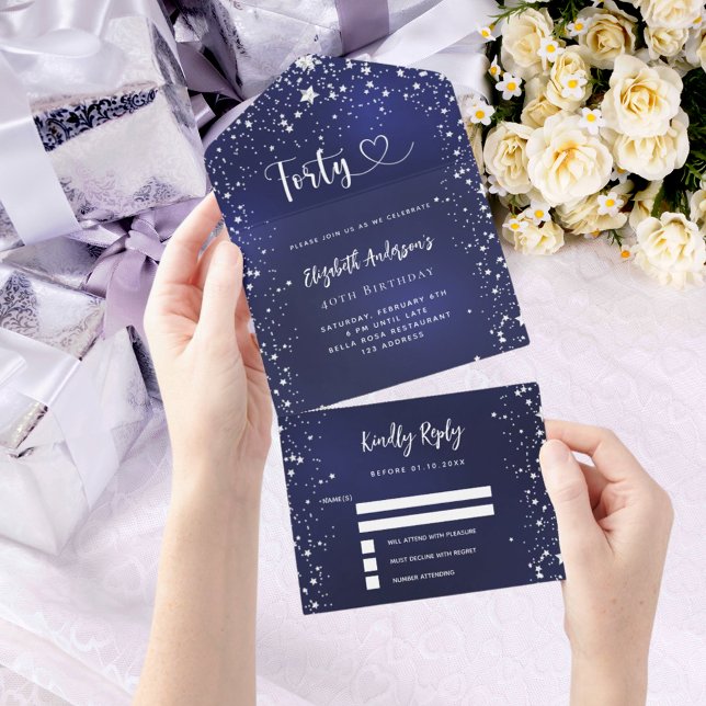 40th Birthday navy blue silver stars rsvp All In One Invitation (Creator Uploaded)
