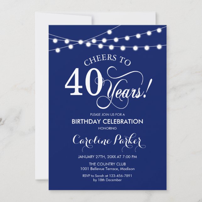 40th Birthday - Navy Blue White Invitation (Front)