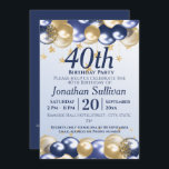 40th Birthday Navy Gold Balloons Party Invitation<br><div class="desc">A stylish40th birthday Party Invitation . Design features navy blue and gold balloons,  Gold glittery starts and navy blue text all on a pale blue gradient background. A lovely design inviting your guests to join you for a 40th birthday party celebration.   Easy to customize with your own party details.</div>
