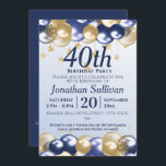 40th Birthday Navy Gold Balloons Party Invitation<br><div class="desc">A stylish40th birthday Party Invitation . Design features navy blue and gold balloons,  Gold glittery starts and navy blue text all on a pale blue gradient background. A lovely design inviting your guests to join you for a 40th birthday party celebration.   Easy to customize with your own party details.</div>
