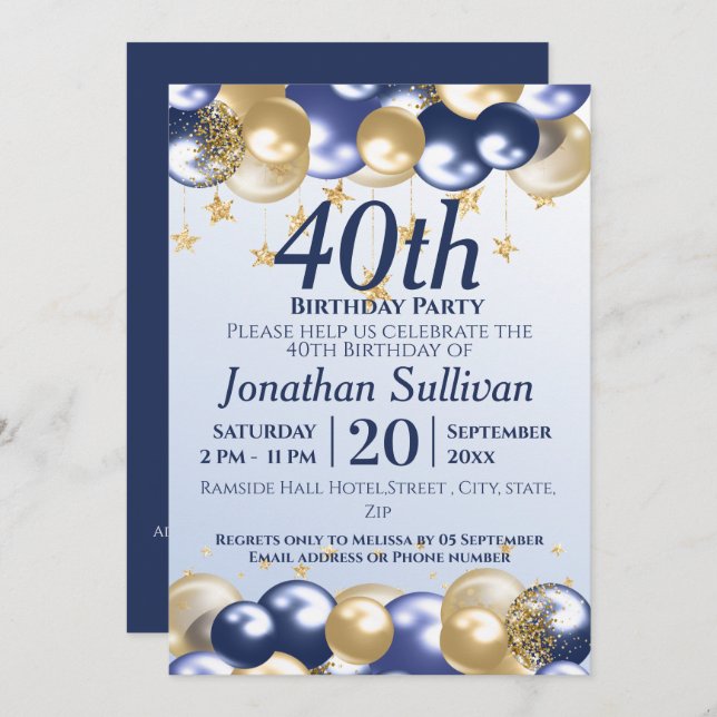 40th Birthday Navy Gold Balloons Party Invitation (Front/Back)