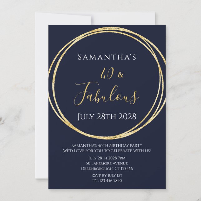 40th Birthday Navy Gold Birthday Invitation (Front)