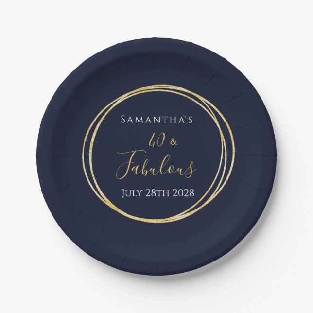 40th Birthday Navy Gold Birthday Party Paper Plate (Front)