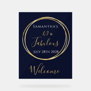 40th Birthday Navy Gold Birthday Party Welcome Acrylic Sign