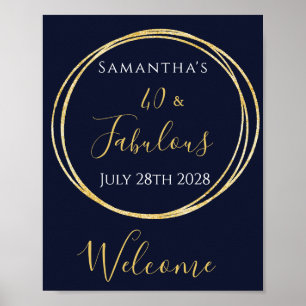 40th Birthday Navy Gold Birthday Party Welcome Poster