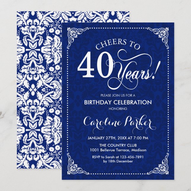 40th Birthday - Navy White Damask Invitation (Front/Back)