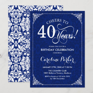40th Birthday - Navy White Damask Invitation