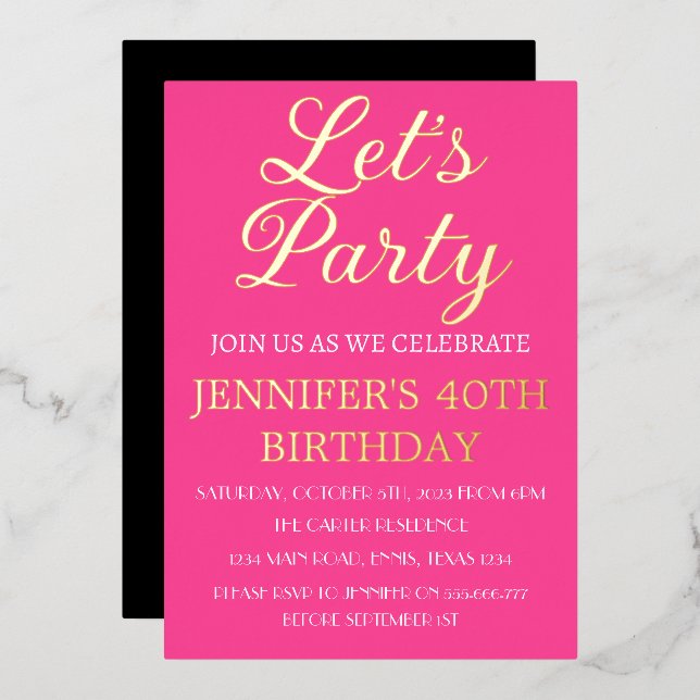 40th Birthday Neon Pink Black Gold Foil QR Code Fo (Front/Back)