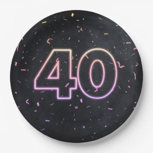 40th Birthday Neon Sign On Black Paper Plate