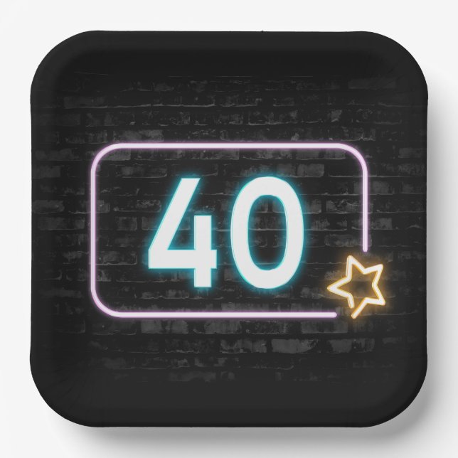 40th Birthday Neon Sign On Brick  Paper Plate (Front)