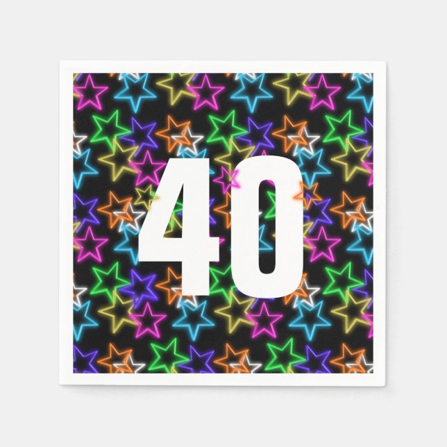 40th Birthday Neon Stars On Black  Napkin (Front)