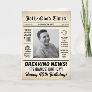 40th Birthday Newspaper, Add Photo, Personalised Card