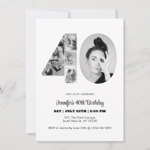 40th Birthday Number 40 Photo Collage Black White Invitation