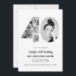 40th Birthday Number 40 Photo Collage Black White Invitation<br><div class="desc">Mark forty years of wonderful memories and adventures with this captivating 40th Birthday Number Photo Collage. This customisable template is the perfect blend of creativity and sentiment, allowing you to create a truly memorable gift for your loved one's special day. Capture the essence of incredible years in a single masterpiece...</div>