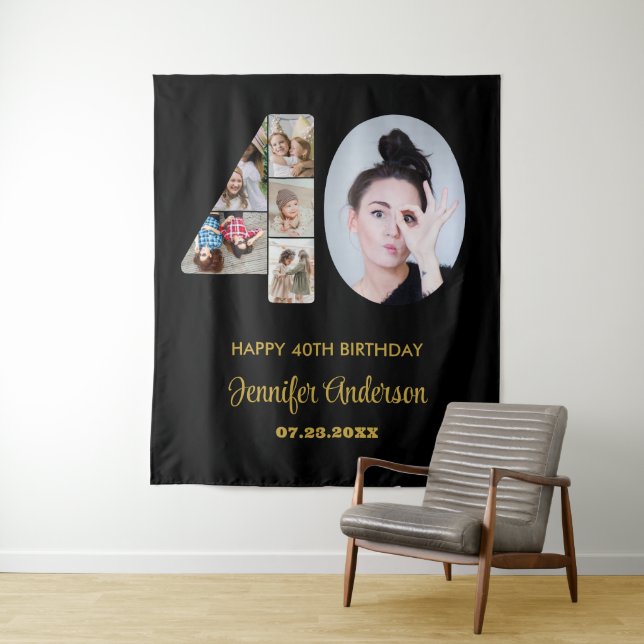 40th Birthday Number 40 Photo Collage Modern Black Tapestry (In Situ)