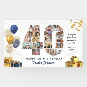 40th Birthday Number 40 Photo Collage White Gold Banner