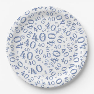 40th Birthday Number Pattern Blue/White Paper Plate