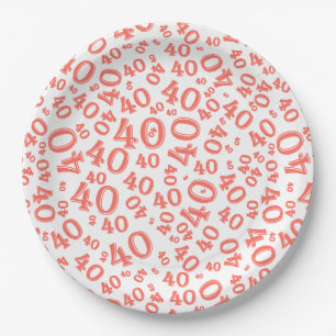 40th Birthday Number Pattern Coral/White Paper Plate