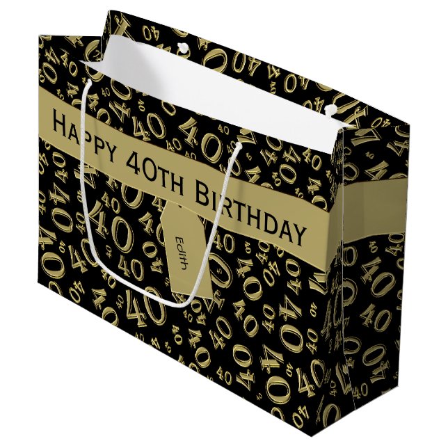 40th Birthday Number Pattern Gold/Black 40 Large Gift Bag (Front Angled)