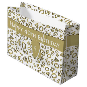 40th Birthday Number Pattern Gold/White 40 Large Gift Bag