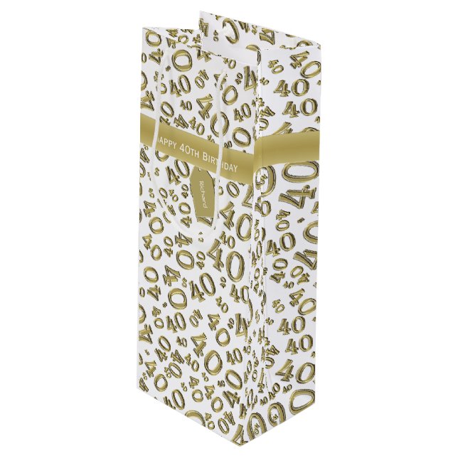 40th Birthday Number Pattern Gold/White 40 Wine Gift Bag (Front Angled)