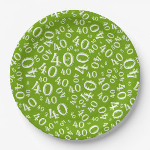 40th Birthday Number Pattern Green/White Paper Plate