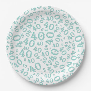 40th Birthday Number Pattern Teal/White Paper Plate