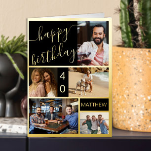 40th Birthday or Any Age 5 Photo Black and Gold Foil Greeting Card