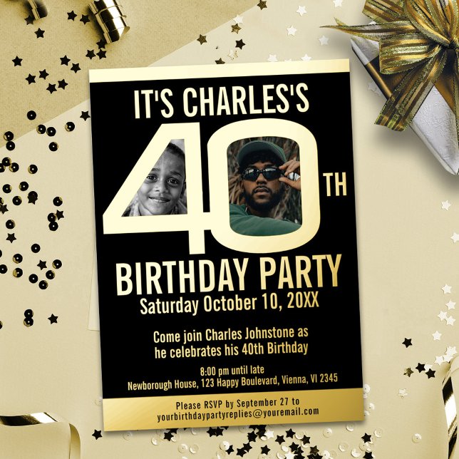 40th Birthday party 2 photo simple black gold foil (Creator Uploaded)