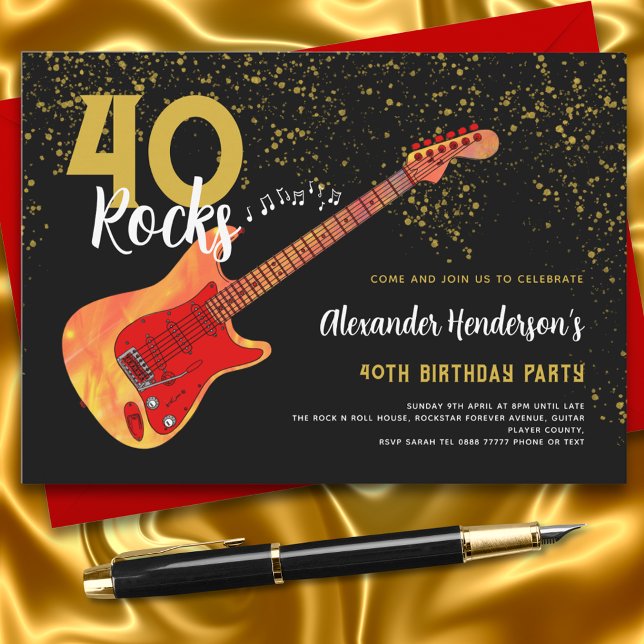 40th Birthday Party 40 Rocks Guitar Gold Glitter Invitation (40 rocks guitar black and gold 40th birthday party invitation )