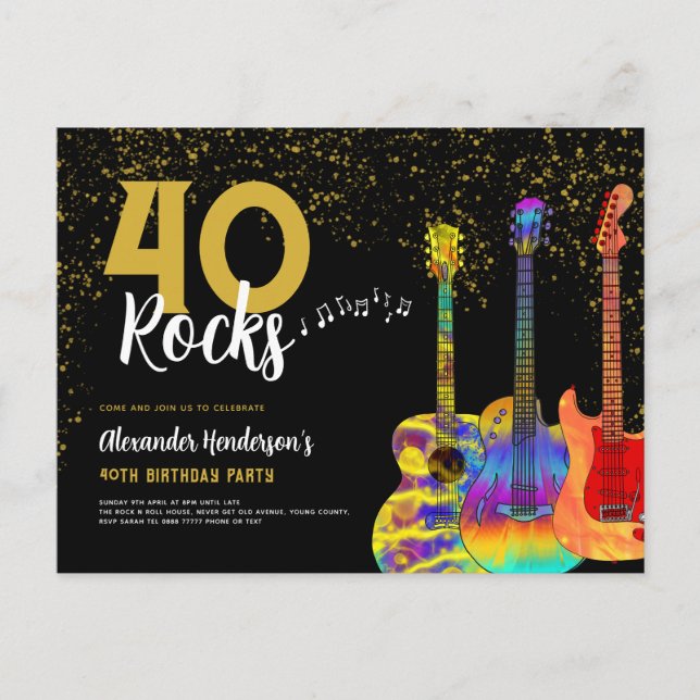 40th Birthday Party 40 Rocks Guitar Gold Glitter Invitation Postcard (Front)